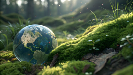 Global Harmony: A serene visual representation of the planet earth nestled amongst vibrant, lush greenery. It symbolizes environmental harmony and the interconnectedness of the world's ecosystems.