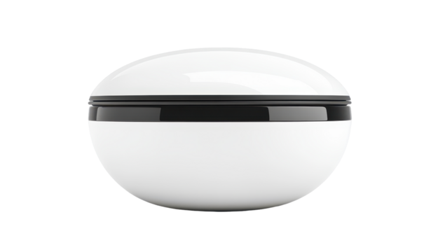 White, oblate spheroid device with a dark band near the equator, suggesting a hinged or opening lid.  Smooth, minimalist design