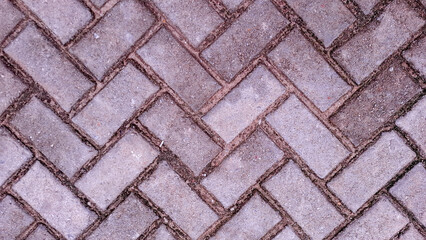 Top view, close-up of a gray herringbone cobblestone sidewalk. The uniform pattern of rectangular paving bricks creates a strong geometric backdrop.