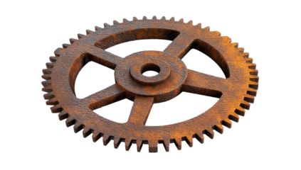 Heavily rusted, metallic gear with a central hub and prominent spokes, showing significant wear and tear