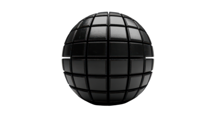 A dark, glossy sphere composed of numerous square panels, creating a grid-like texture against a black background.  Tiny specks of color are subtly visible near the edges
