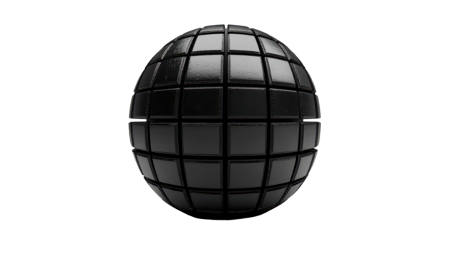 A dark, glossy sphere composed of numerous square panels, creating a grid-like texture against a black background.  Tiny specks of color are subtly visible near the edges