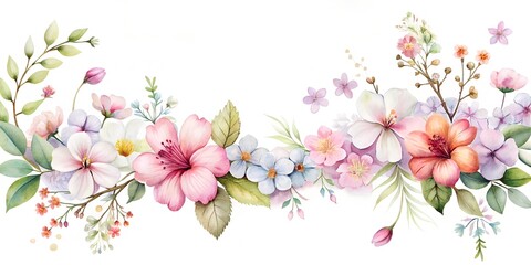 banner and Background decorated with pastel colors blooming flowers and leaves. Spring, Easter, Summer theme with dragonfly, butterfly and bee.