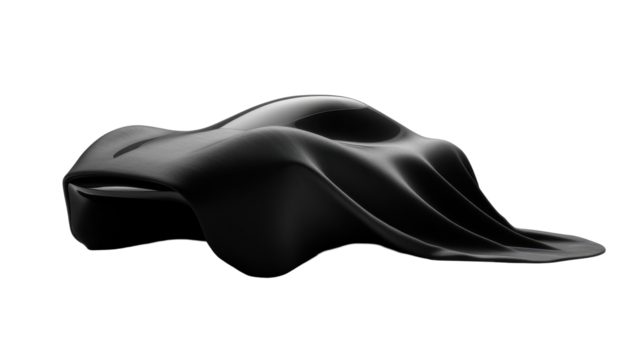 Sleek, dark-grey sports car subtly revealed beneath a draped, flowing cloth, set against a stark black background