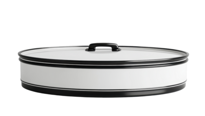 White, round, enamel-coated metal container with a black band and simple black handle on its lid