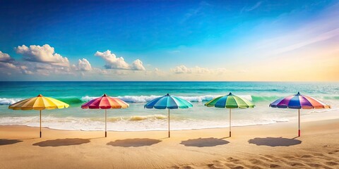 Fototapeta premium Minimalist Summer Beach: Hello Summer Umbrellas & Ocean Waves Photography