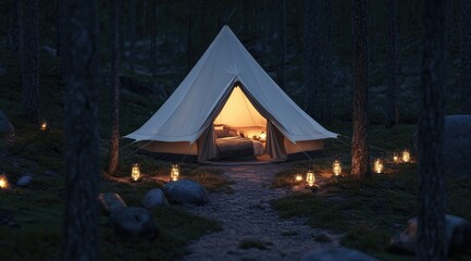 Cozy tent nestled in a dark forest at night
