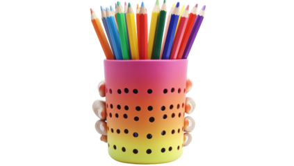 A vibrant ombre pink-to-yellow cup holds colorful pencils; black polka dots adorn the cup's design