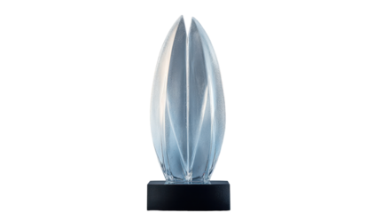 An elegant, translucent, sculpted glass piece with a central seam, standing on a dark base