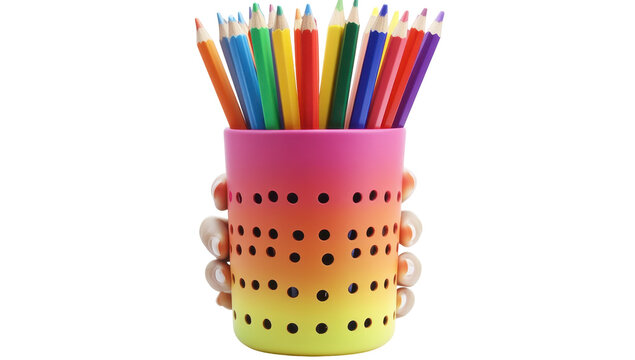 A vibrant ombre pink-to-yellow cup holds colorful pencils; black polka dots adorn the cup's design
