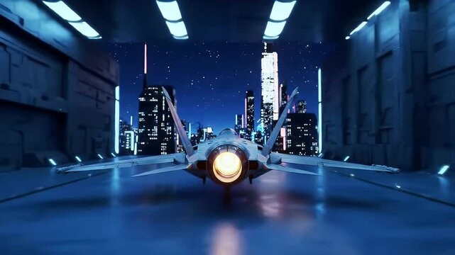 Futuristic military jet launching from a hangar