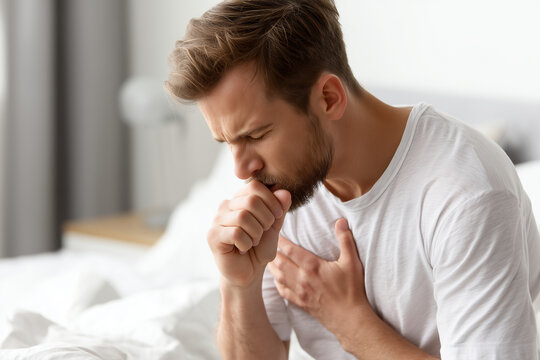 Young man coughing in bed, experiencing flu symptoms and chest pain at home