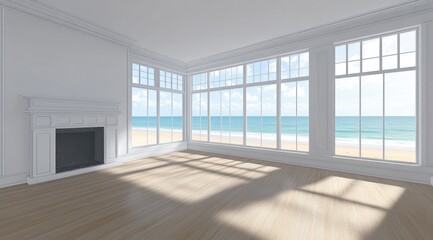 Fototapeta premium Empty coastal living room with large windows