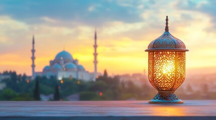 beautiful traditional ramadan a golden arabic lantern glowing at sunset by a tranquil lake with a scenic view of a mosque silhouette and starry sunset sky