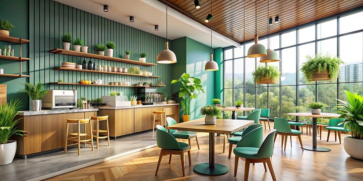 Modern Cafeteria Coffee Shop Interior Design, 3D Render, Minimalist Coffeehouse, Stylish Cafe Space