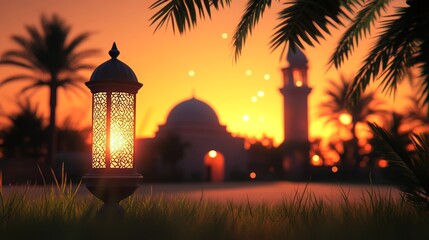 beautiful traditional ramadan a golden arabic lantern glowing at sunset by a tranquil lake with a scenic view of a mosque silhouette and starry sunset sky