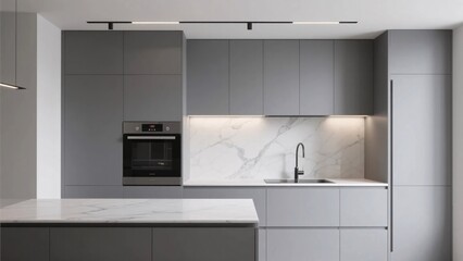 Sleek modern kitchen with handle-less cabinets and marble top in soft architectural lighting