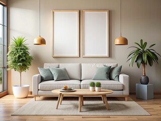 Modern Living Room Interior Design Mockup: Two Blank Canvas Frames, Rule of Thirds Composition