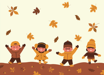 Autumn Kids. Children in Autumn Clothes Dance. Group of Kids Have Fun Outside under Leaf fall. Happy Baby Girls Happy Baby Boys. Vector Illustration in Yellow, Brown