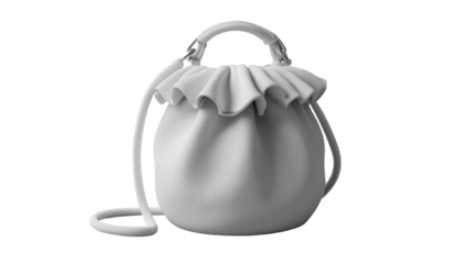 Off-white, round bucket bag with a ruffled top and a long strap