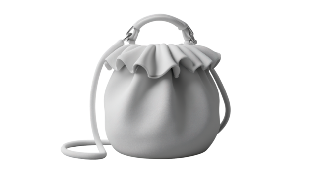 Off-white, round bucket bag with a ruffled top and a long strap