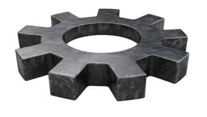 A dark grey, metallic gear with twelve teeth, rendered in a 3D style, showing a textured, possibly stone-like surface