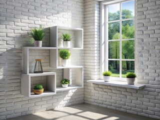 Modern White Cube Shelves White Brick Wall Large Window - Stylish Home Decor & Storage Solutions