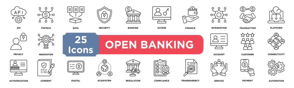 Open Banking icon collection set. Containing api,fintech,data,security,banking,access,finance,integration,transaction,platform icon. Simple line vector.	
