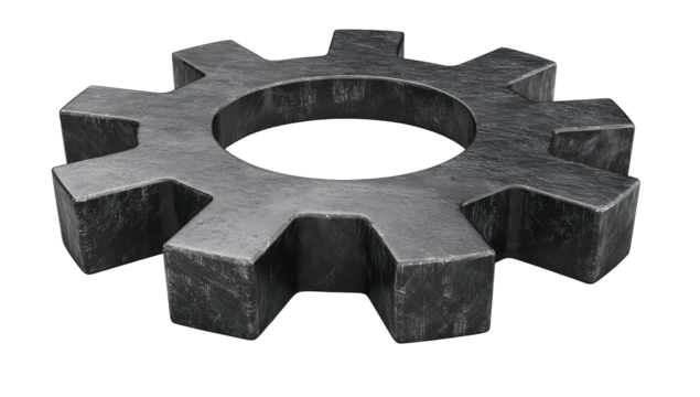 A dark grey, metallic gear with twelve teeth, rendered in a 3D style, showing a textured, possibly stone-like surface