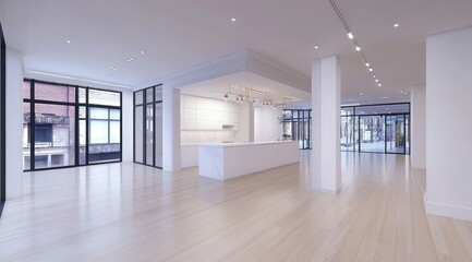 Fototapeta premium Empty modern open-plan apartment with white walls and light wood floors
