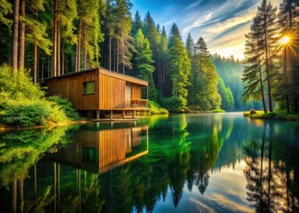 Modern Wooden Lake House, Forest Exploration Photography, Surreal Architecture, Nature Escape