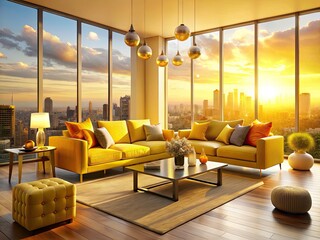 Modern Yellow Living Room City View Interior Design - Stylish Apartment Decor