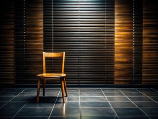 Monochrome Night Photography: Wooden Chair on Tile Floor with Black Shutter Background - Dark Interior Design