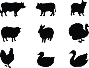 Silhouette Animal Icons: Black and White Illustrations of Farm Animals for Agriculture, Nature, and Education Design