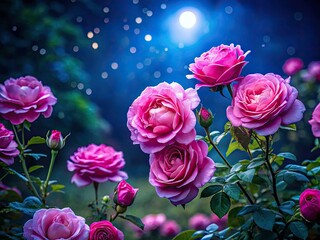 Night Bloom: Pink Rose Bush Spring Garden Photography, Dark Pink Roses Night Scene,  Floral Night Photography,  Spring Garden Night