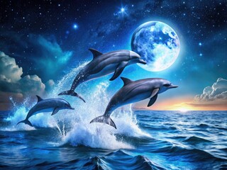 Night Dolphin Dive: Stunning Blue Ocean Wildlife Photography, Night Sea Creatures, Marine Mammal Jump