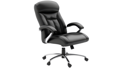 A black leather executive chair with padded back and armrests, on a five-star wheeled base, angled slightly to the left