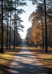 Road through a forest with tall trees in autumn with golden foliage and dappled sunlight