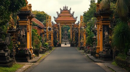 Balinese temple gates bathed in soft light reveal intricate architecture and lush greenery