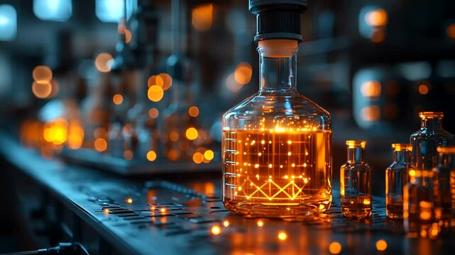 Laboratory glassware with glowing patterns.