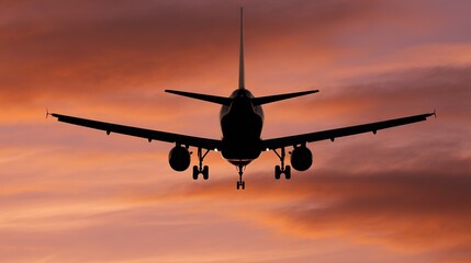 Passenger airplane against sunset sky, journey into vibrant horizons