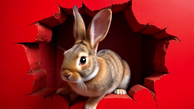 Cute Brown Rabbit Peeking Through Red Torn Paper Hole