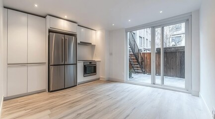 Obraz premium Modern kitchen/dining area with backyard view