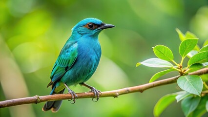 Teal Bird perched on a branch with green leaves, tree, natural habitat,  tree, natural habitat