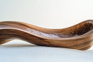 Hand-carved wooden shallow dish, flowing, organic shape.  A smooth, light-brown wood, gently curved, rests on a white surface.  Slight glistening white particles inside