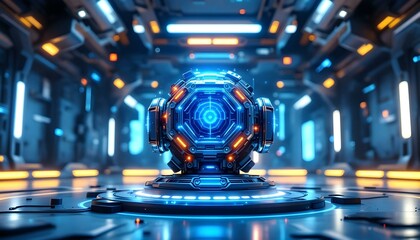 3D mechanical robot core with glowing energy circuits and pulsating neon lights, futuristic tech background with depth .