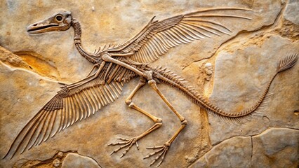 A fossilized remains of prehistoric bird Archeopteryx found in Jurassic period geological formation with wing bones and tail feathers exposed , Jurassic Period, Fossilized Remains