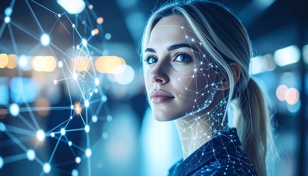 Futuristic Woman with Data Network Overlay AI, Technology, and the Future of Humanity