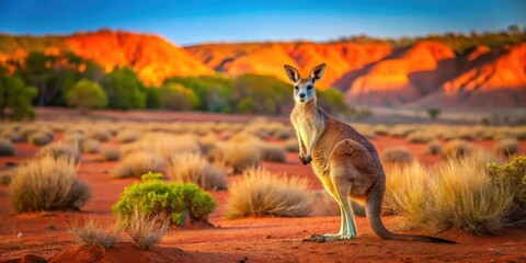 A kangaroo standing alone in the Australian outback with a vast expanse of red earth and rocky outcrops