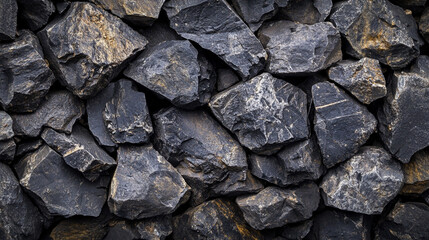 A detailed image displaying a pile of rugged, black rocks with a natural texture. Highlighting ruggedness and color contrast, this image represents raw geology or decorative.